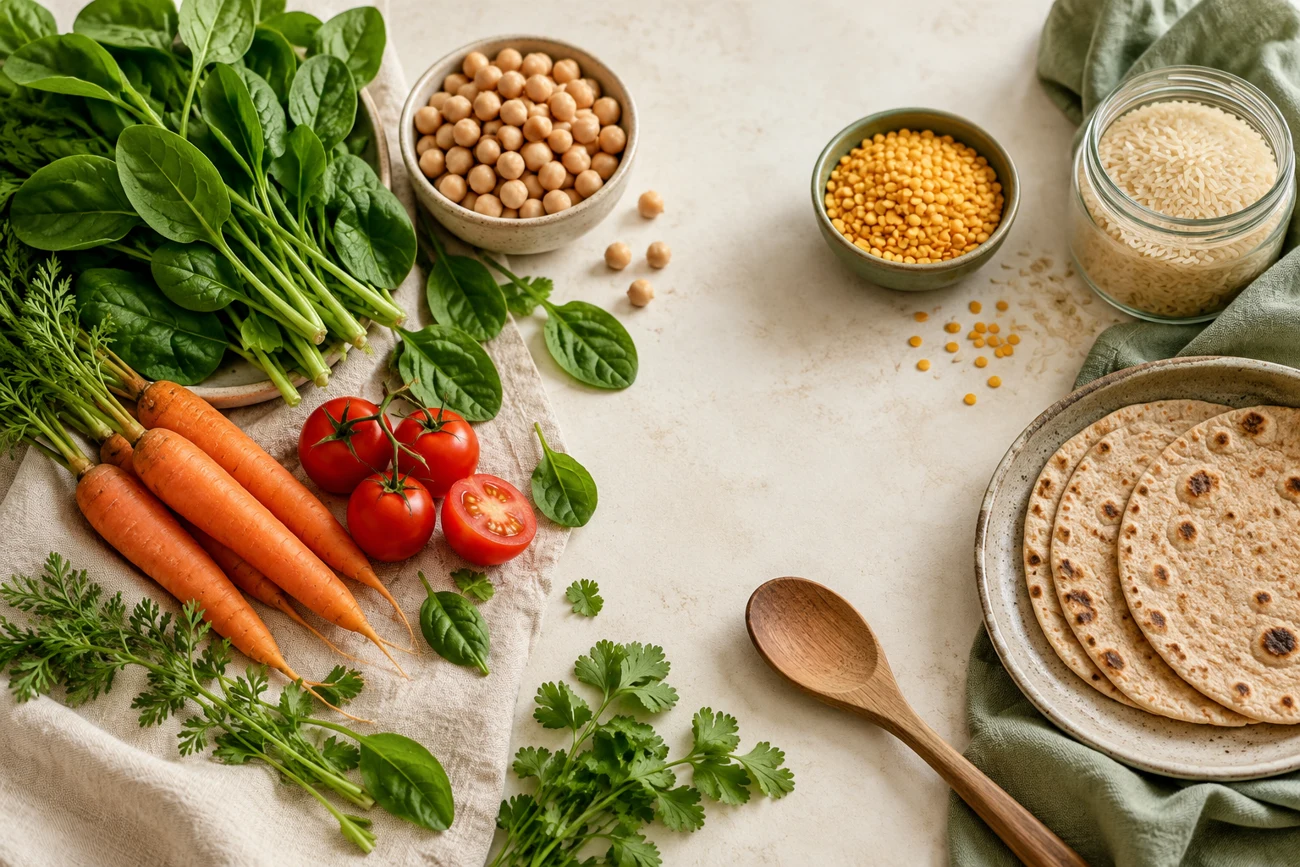 Everyday Indian ingredients, vegetables, dal and roti