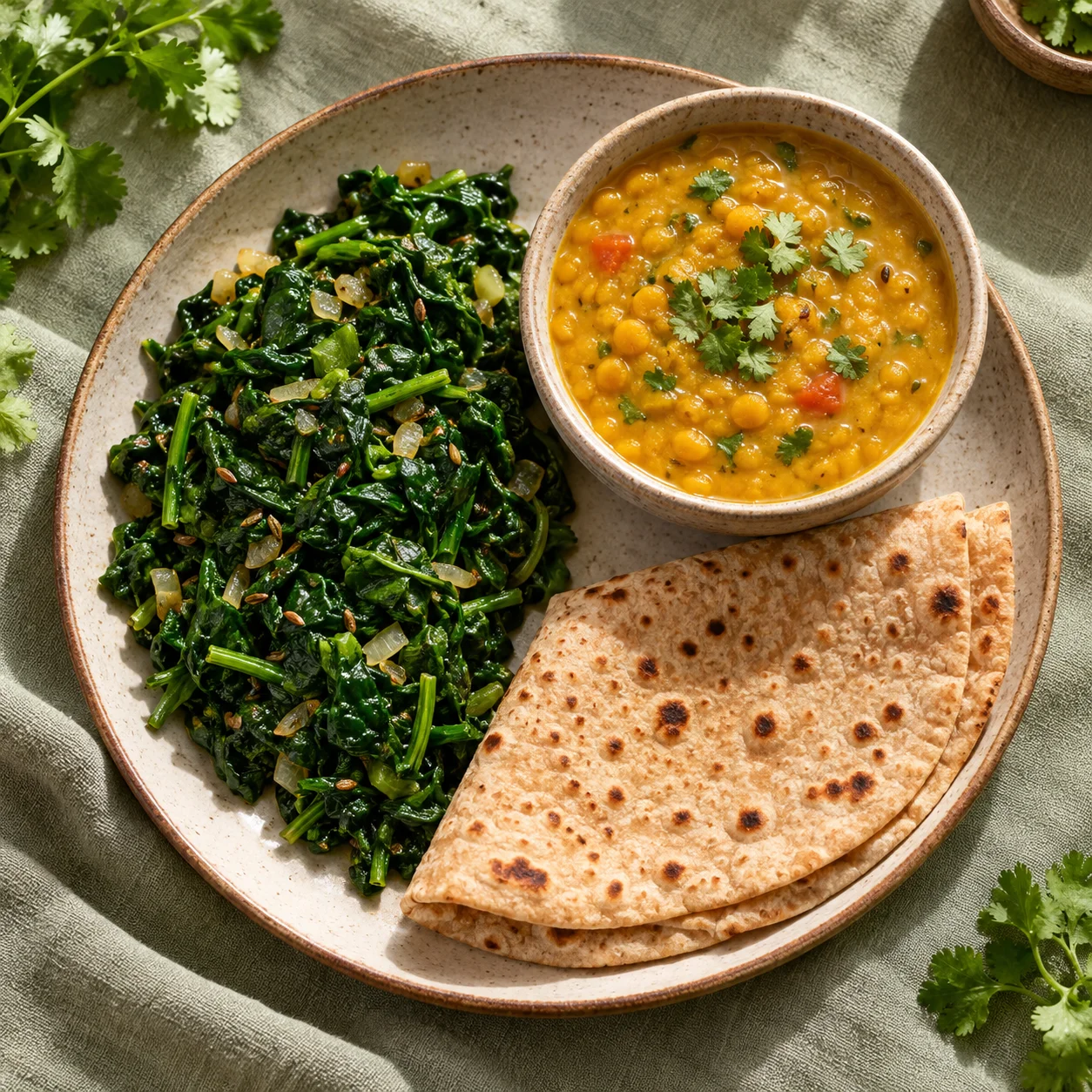 Indian meal with dal, roti and spinach