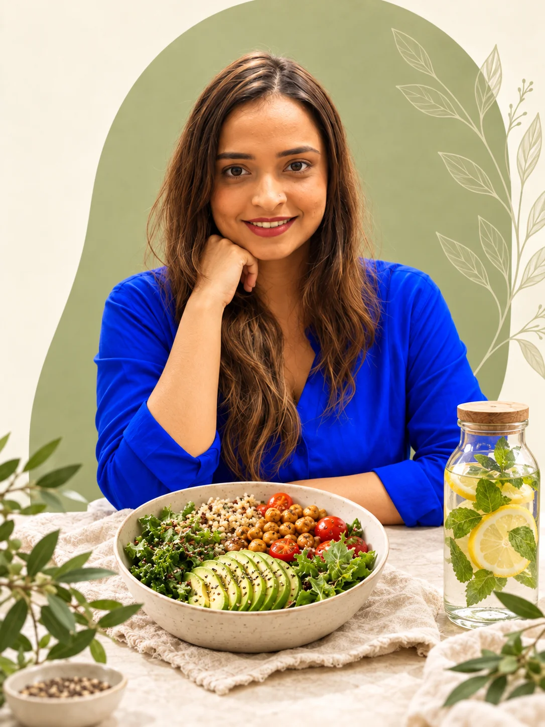 Saloni in a blue blouse, seated with a colourful salad